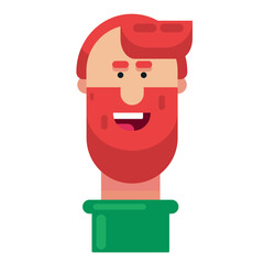 Concept of a man with red hair and a wide smile in a green sweater. Human face logo. Cute vector illustration in flat style.