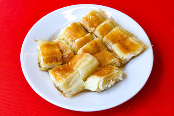 Homemade burek (borek)  with cheese and spinach and boiled egg.Traditional food. Peynirli,...