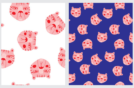 Funny Seamless Vector Pattern with Pink-Red Tiger on a White and Deep Blue Background. Simple Infantile Style Repeatable Print with Funny Hand Drawn Tiger Head ideal for Fabric, Textile.