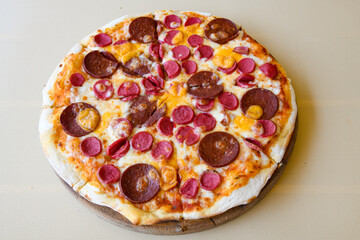 Delicious mixed pizza with rich content. Menu concept of choice and diversity. Karisik pizza