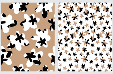 Floral Seamlles Vector Pattern with Abstract Hand Drawn White, Beige and Black Flowers on a White and Light Brown Background. Abstract Garden Repeatable Print. Calico Style Pattern ideal for Fabric.