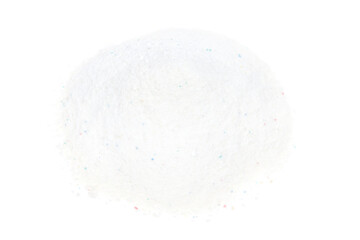 Fototapeta na wymiar Laundry detergent for washing machines isolated white background. Washing powder. White wash powder with with colored granules