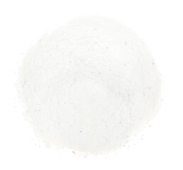 Laundry detergent for washing machines isolated white background. Washing powder. White wash powder with with colored granules