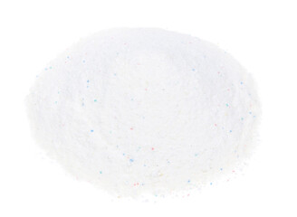 Laundry detergent for washing machines isolated white background. Washing powder. White wash powder with with colored granules