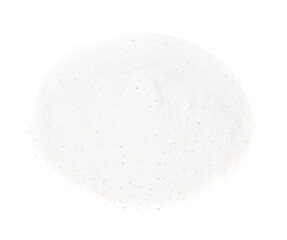 Laundry detergent for washing machines isolated white background. Washing powder. White wash powder with with colored granules