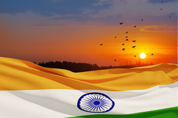 Waving India flag on sunset sky with flying birds. Background with place for your text. Indian...