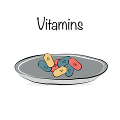 Vector isolated plate with vitamins on a white background. Colorful flat illustration.