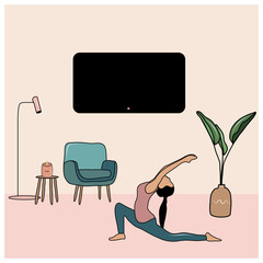 Home yoga practice. Asana class. Colorful flat illustration.