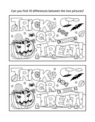 Halloween "Trick or treat!" find the differences picture puzzle and coloring page
