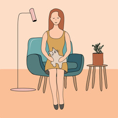 The girl and the cat are sitting on a chair.  Home atmosphere.  Vector isolated elements.  Lamp.  Houseplant on the table.  Colorful flat illustration.