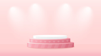 Podium platform to show product with light sign and spotlight on pink background. Vector illustration