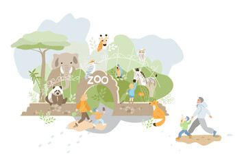 Families with children visit the zoo with cute animals. People interact with them. Vector flat illustration.