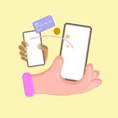 A hand holding a mock-up of a mobile phone. 3d vector illustration.
 Business, finance, Internet, communication.