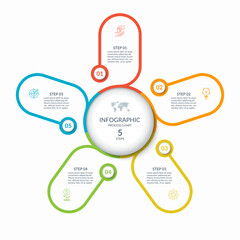 Infographic round chart with 5 steps, parts, options, processes. Vector circle infographic concept. Cycle diagram with thin line icons.