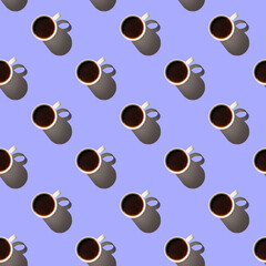 Coffee seamless pattern of a cup of espresso with shadow on purple background. Pop art minimal flat lay style design, creative concept