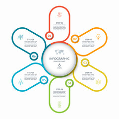 Infographic round chart with 6 steps, parts, options, processes. Vector circle infographic concept. Cycle diagram with thin line icons.