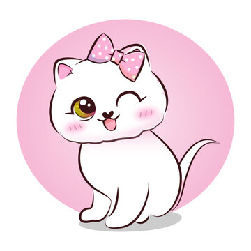 Cute sweet pink kitty in cartoon style. Vector illustration.