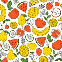 Fruits seamless pattern. Hand drawn vector illustration. Minimalist design. Scandinavian style illustration. Healthy organic food.