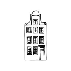 Doodle dutch canal houses. Typical Amsterdam buildings. Architecture of Netherlands. Hand-drawn vector illustration