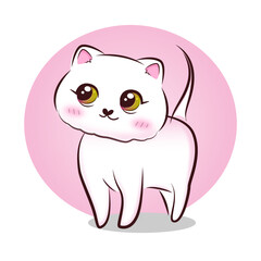 Cute sweet pink kitty in cartoon style. Vector illustration.