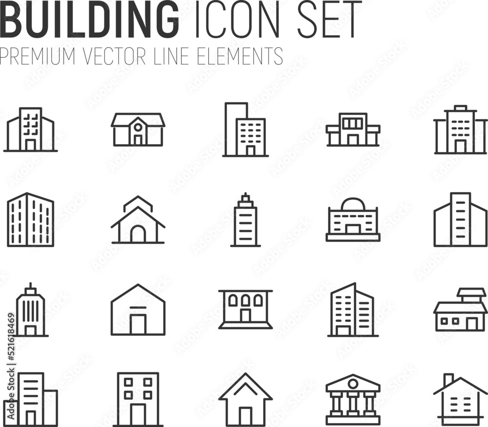 Poster simple line set of building icons.