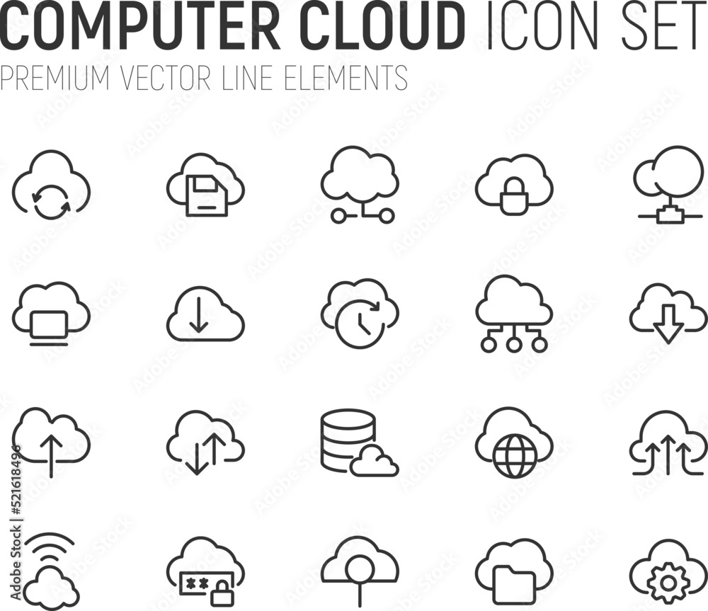 Sticker Simple line set of computer cloud icons.