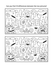 "Happy Halloween!" greeting message find 10 differences picture puzzle and coloring page
