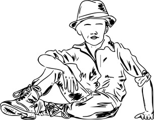 Sketch drawing of kid boy sitting wearing hat and fashion wear, line art illustration of fashionable kid boy, Silhouette of dancing kids in fashion wear