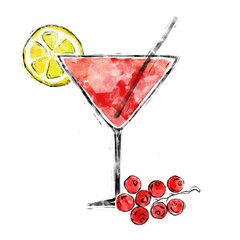 Cocktail in a triangular glass. Cranberry juice. Berry, lemon. Alcoholic drink. Bar menu. Alcohol card