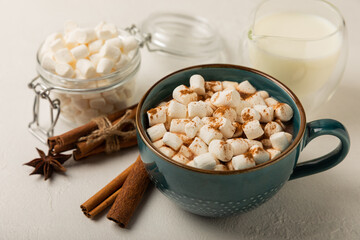 Cup of tasty cocoa drink and marshmallows in blue cup.Spices and marshmallows for winter drinks on white texture table.Winter hot drink.Hot chocolate with marshmallow and spices.Copy space.
