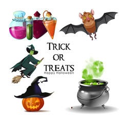 Halloween illustration set: test-tubes, a witch, pumpkin, cauldron, bat
