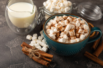 Cup of tasty cocoa drink and marshmallows in blue cup.Spices and marshmallows for winter drinks on black texture table.Winter hot drink.Hot chocolate with marshmallow and spices.Copy space.