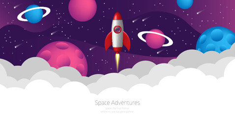 Space background with rocket. Galaxy and universe space cartoon poster.