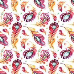 Watercolor seamless pattern. Magic and jewelry feathers. Hand draw fabulous feather with gem stone. Isolated on a white background. - 521620499