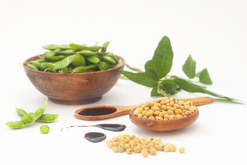 Raw Green edamame soybeans. Edamame, fresh green soybeans in pod. Healthy vegan food. Selective focus.