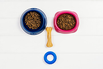Dry dog pet food in bowl and accessories on white wooden background top view. Pet feeding and care concept background with copy space. Photograph taken from above.