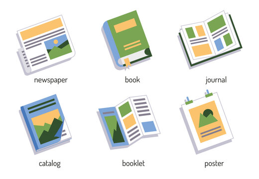 A set of color icons for the printing site newspaper, book, magazine, catalog, booklet, poster.