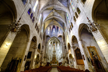 Nuestra Señora dels Dolors, 19th century Neo-Gothic style church, main nave with Latin cross plan, Manacor, Mallorca, Balearic Islands, Spain