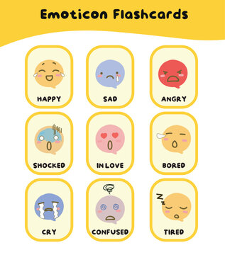 Set of emoticons expressing feelings with adjective words illustration.