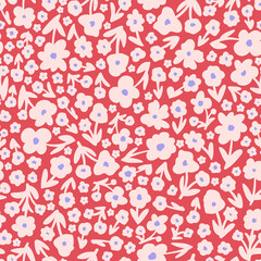 Retro flowers with leaves seamless repeat pattern. Hand drawn, random placed, vector florals all over surface print on pink background.