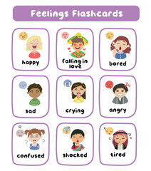 Set of children expressing feelings with adjective words illustration.