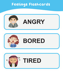 Feeling flashcards for children to understand about expressing feelings. Vector illustration.