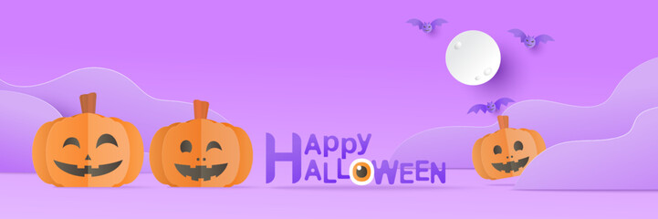 Halloween sale promotion. Empty tabletop to show product with focus to the table top in the foreground. Tabletop with pumpkin on purple background. Paper cut and craft style illustration