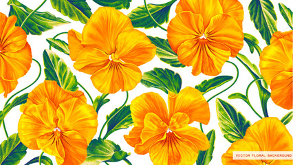 Botanical background with realistic yellow flowers of Pansies, Viola. Vector inflorescences, petals and leaves for desktop wallpaper on computer or tablet, banners, social media, advertising.