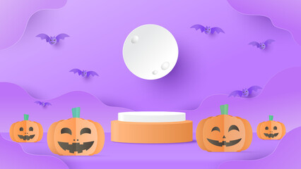 Halloween sale promotion. Podium platform to show product with focus to the table top in the foreground. Empty tabletop with pumpkin on purple background. Paper cut and craft style illustration