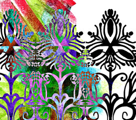 Fototapeta na wymiar Abstract graphic colored ethnic ornament. Patterns of flowers on a pencil background hatching. Template for textures.