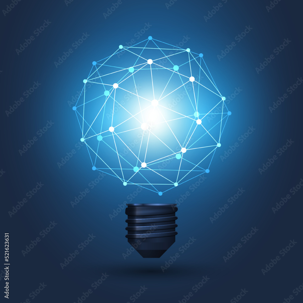 Poster abstract electric and global network connections concept design with a glowing blue light bulb and t