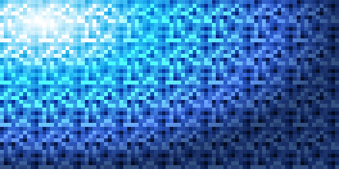Simple Lit Pixelated Tiles Colored in Shades of Blue - Geometric Shapes Pattern, Texture on Wide Scale Background - Design Template in Editable Vector Format