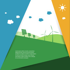 Sustainable Resources, Renewable, Reusable Green Energy Concept with Solar Panels and Wind Turbines - Future Alternative Power Generation Methods Concept Design -Illustration in Editable Vector Format © bagotaj