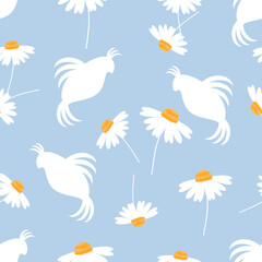 Seamless pattern with daisies and bird cartoons on blue background vector.